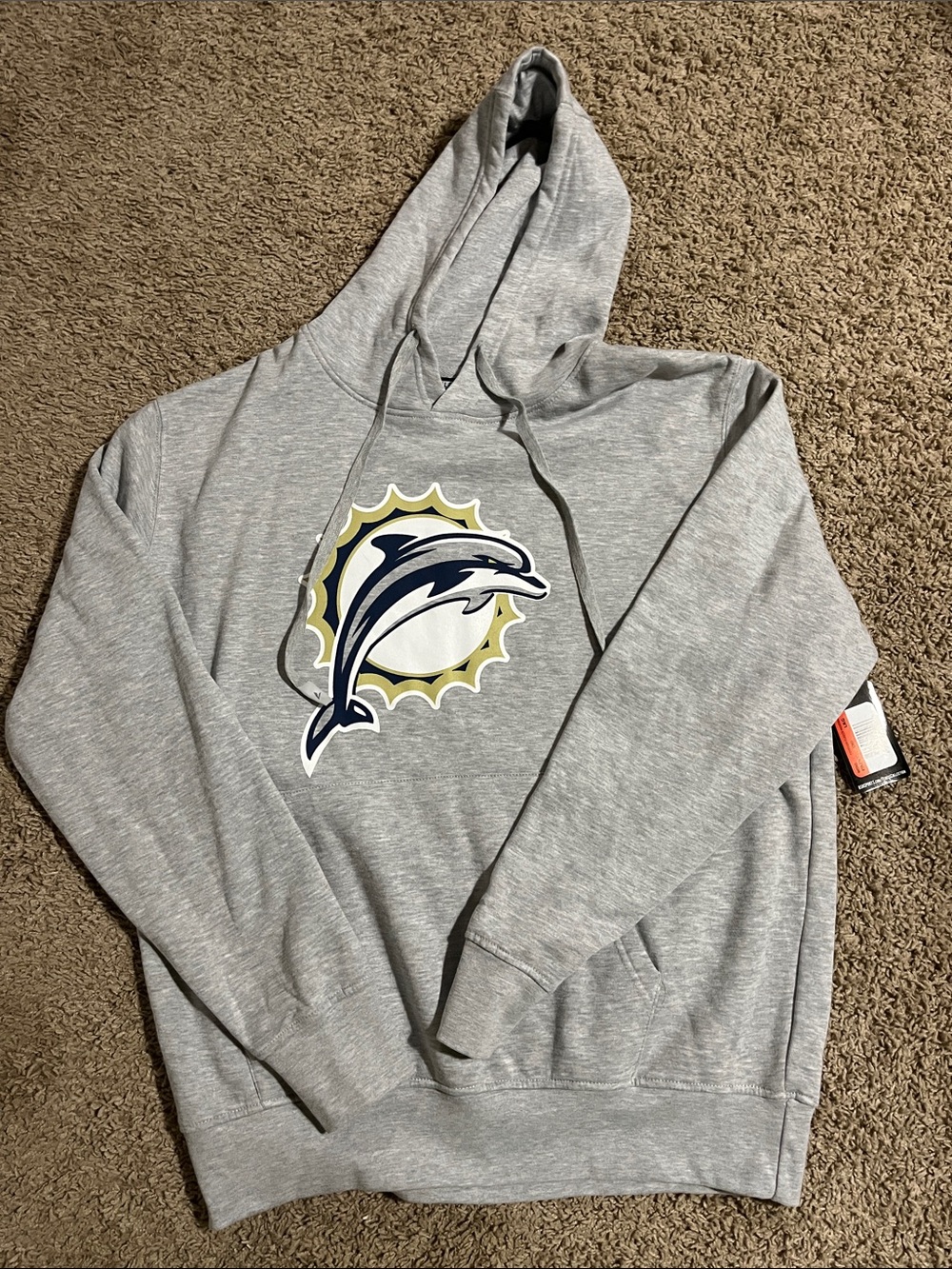 NWT Men's Gray Dolphins Football Logo Pullover Hoodie with kangaroo pocket
